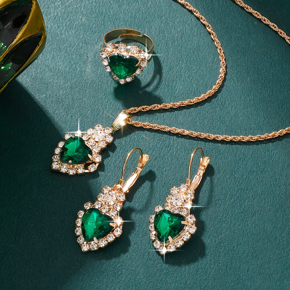 Elegant Jewelry Set for Women, Includes 1 Necklace, 1 Pair of Earrings & 1 Ring, Green & Rhinestone Inlay, Perfect for Daily Party Wear, Chic Gift Idea