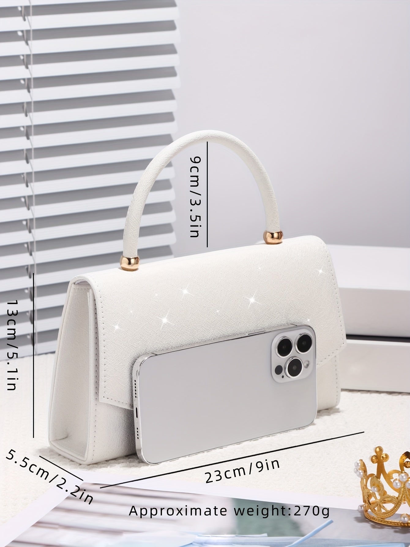 Elegant White Evening Clutch with Sequin Embellishment, Large Capacity Tote with V-Shaped Metal Detail, Anti-Theft Buckle Closure, Nylon Lined, Polyester Material, Urban Style for Weddings, Parties, Birthdays, Valentine'S Day