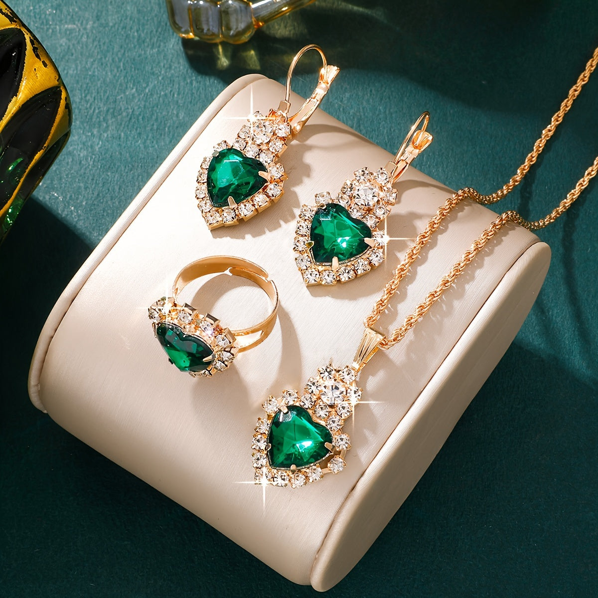 Elegant Jewelry Set for Women, Includes 1 Necklace, 1 Pair of Earrings & 1 Ring, Green & Rhinestone Inlay, Perfect for Daily Party Wear, Chic Gift Idea