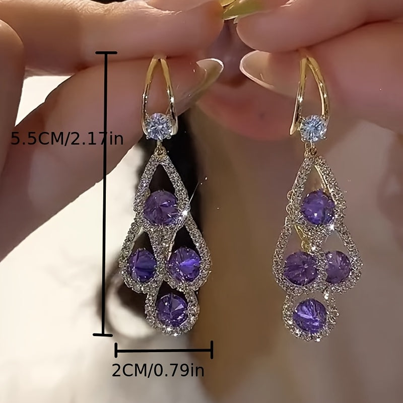 Elegant Purple Rhinestone Tassel Earrings - Luxury Water Drop Design, Alloy with 925 Silvery Posts for Women's Daily & Party Wear