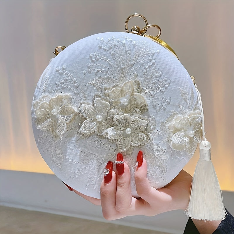 Floral Embroidery Round Evening Bag, Clutch Wedding Purse For Women, Party Banquet Flower Bag Hanfu Accessories