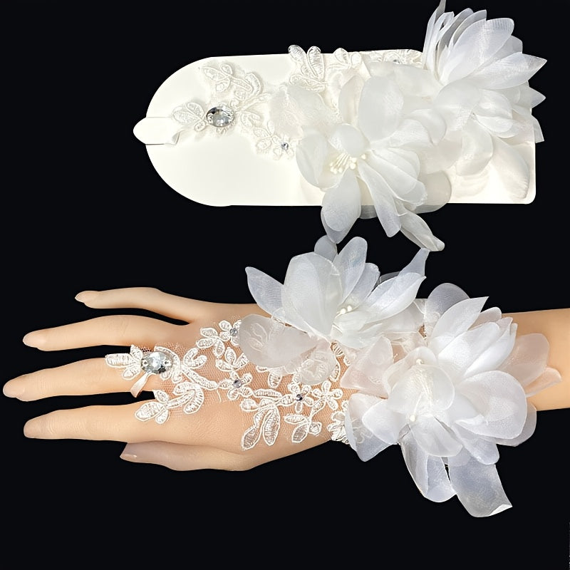Elegante Brauthandschuhe aus Spitze mit floralem Hohldesign und Schmuckstein-Akzenten, kurzer fingerloser Hakenstil für das Brautkleid – Polyester