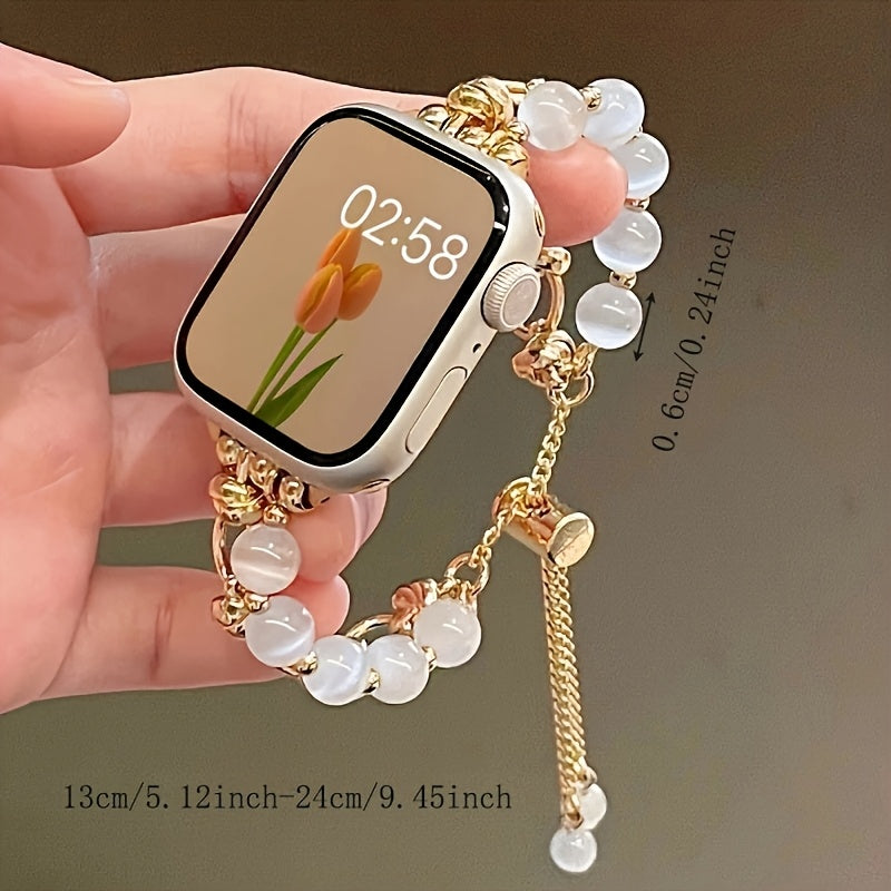Elegant Women's Cat Eye Stone Bracelet Band Compatible with Apple Watch, Golden-Tone Alloy, Fits 38/40/41mm - Stylish Daily & Party Accessory