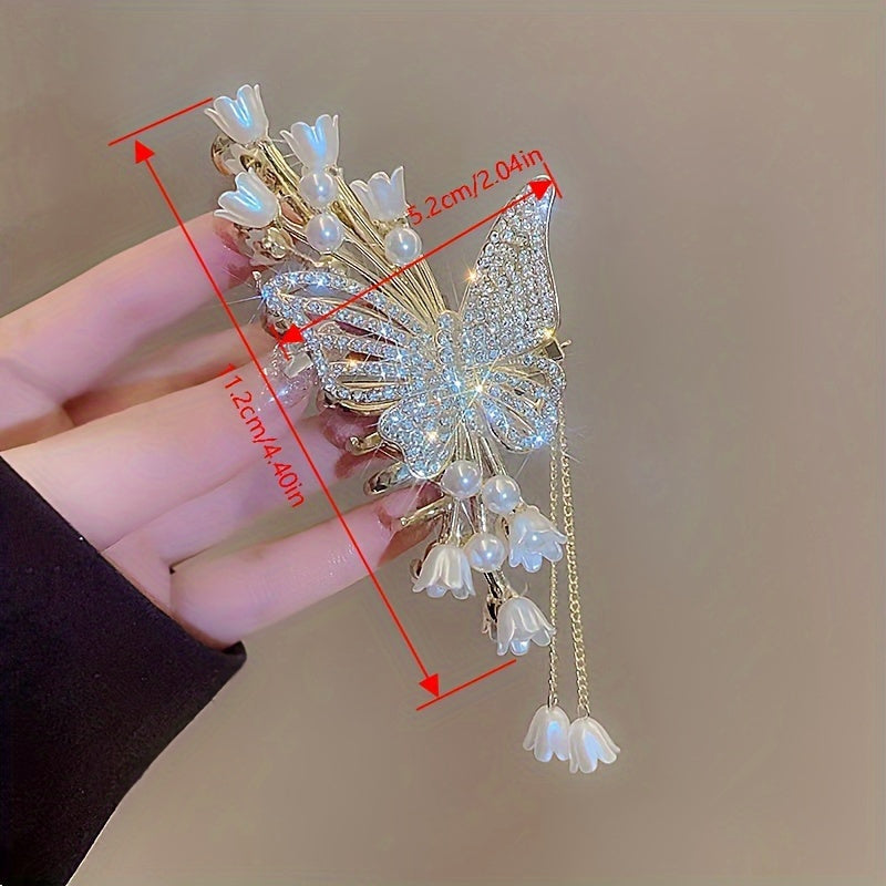 Elegante Schmetterlings-Haarnadeln aus Legierung mit Strasssteinen und Kunstperlen, große Haaraccessoires aus Metallquaste für Damen, perfekte Geschenkidee