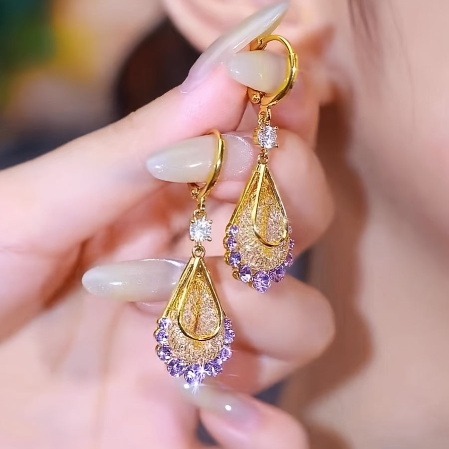 New Golden Wire Mesh Artificial Crystal Droplet Shaped Pendant Earrings, Adorned with Rhinestone, Women'S Fashionable And Elegant Super Shiny Earrings, Perfect Jewelry Accessories And Gifts