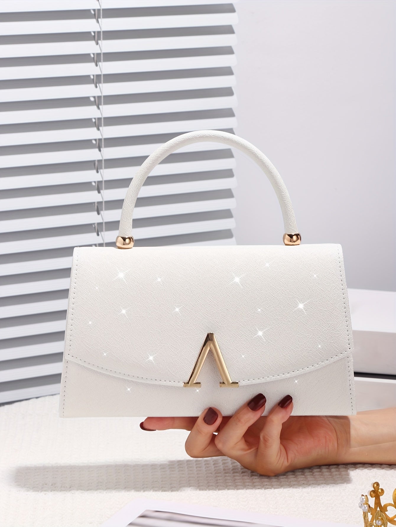 Elegant White Evening Clutch with Sequin Embellishment, Large Capacity Tote with V-Shaped Metal Detail, Anti-Theft Buckle Closure, Nylon Lined, Polyester Material, Urban Style for Weddings, Parties, Birthdays, Valentine'S Day