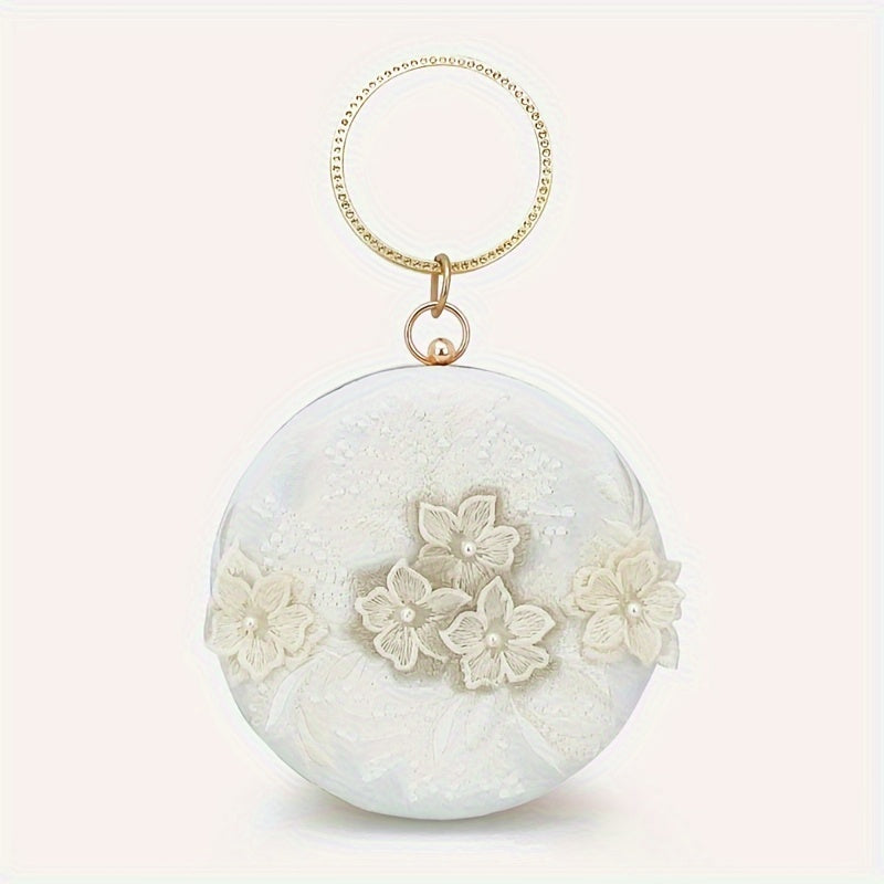 Floral Embroidery Round Evening Bag, Clutch Wedding Purse For Women, Party Banquet Flower Bag Hanfu Accessories