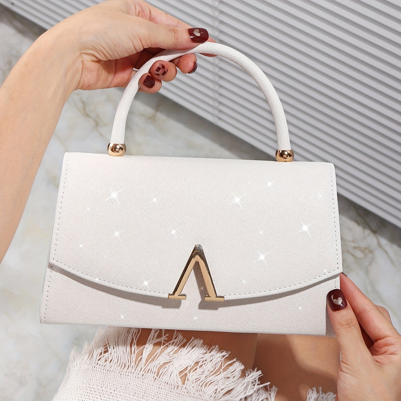Elegant White Evening Clutch with Sequin Embellishment, Large Capacity Tote with V-Shaped Metal Detail, Anti-Theft Buckle Closure, Nylon Lined, Polyester Material, Urban Style for Weddings, Parties, Birthdays, Valentine'S Day