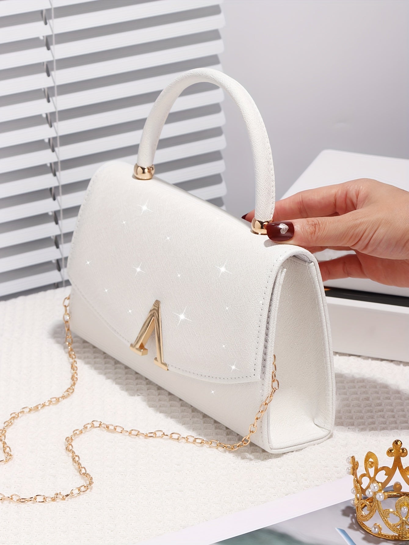 Elegant White Evening Clutch with Sequin Embellishment, Large Capacity Tote with V-Shaped Metal Detail, Anti-Theft Buckle Closure, Nylon Lined, Polyester Material, Urban Style for Weddings, Parties, Birthdays, Valentine'S Day