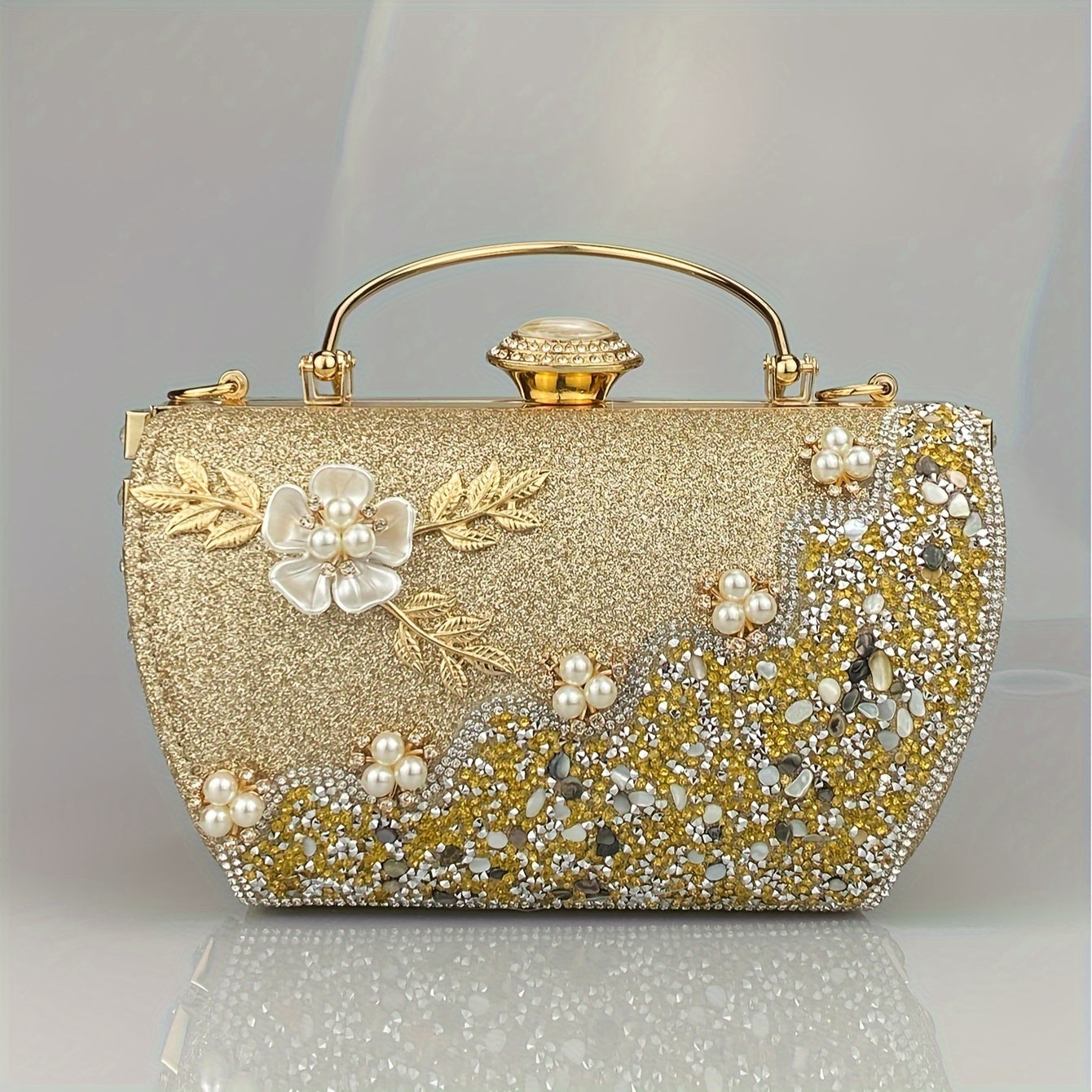 Glitter Rhinestone Evening Bag, Luxury Imitation Pearl Flower Decor Clutch Purse, Women's Dress Handbag For Wedding Party Prom Banquet
