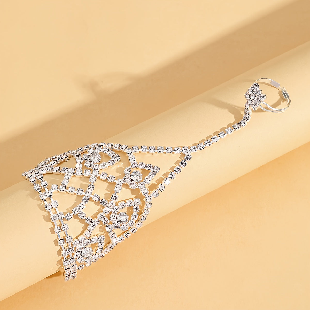 Elegant & Sexy Geometric Mesh Finger Ring Bracelet - Sparkling Rhinestone Embellished, Trendy Copper Hand Jewelry for Women, Ideal for Daily Wear & Parties