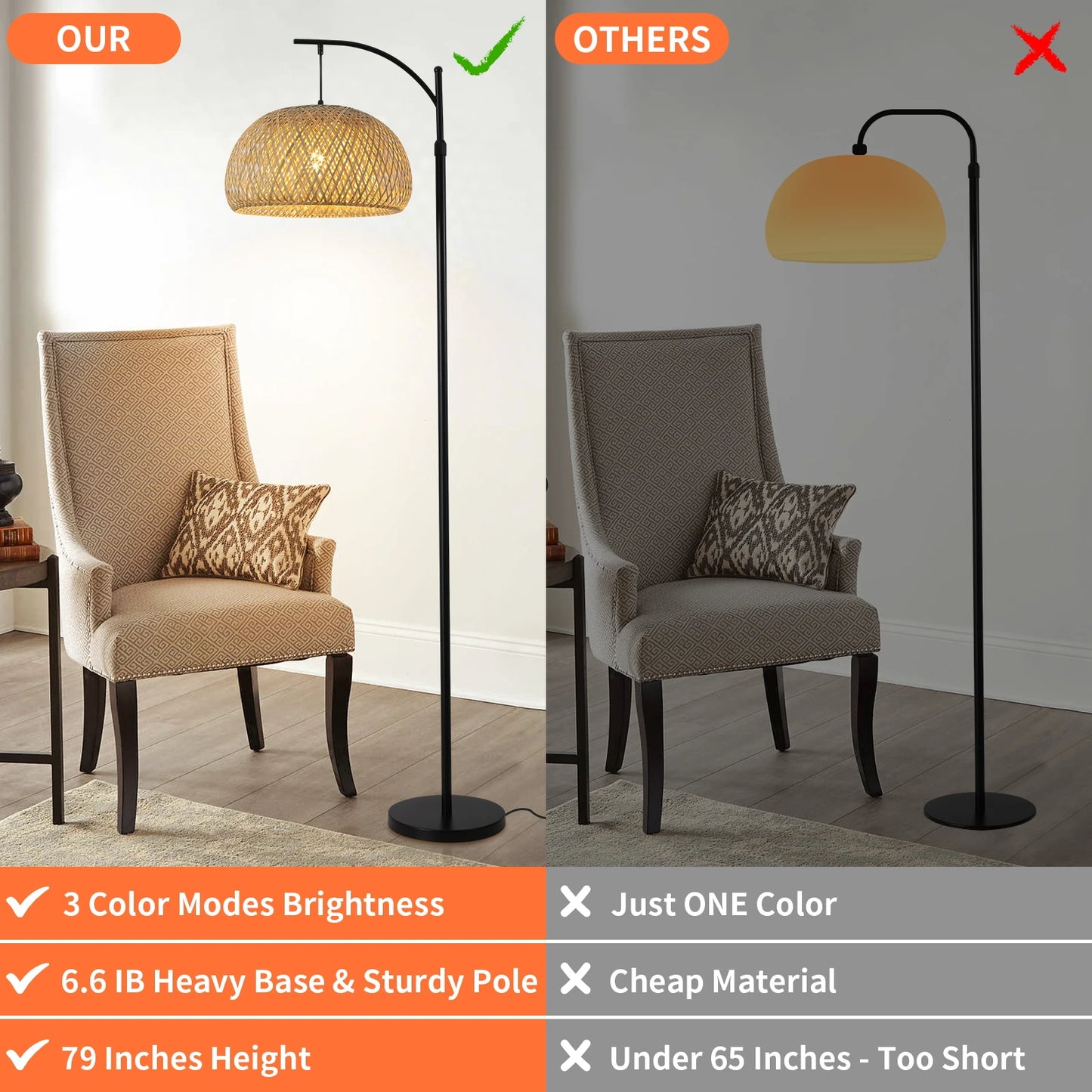 Floor Lamp With Big Size Bamboo Rattan Shade, Boho Farmhouse Rustic Floor Lamps For Living Room /Bedroom(Bulb Not Included)