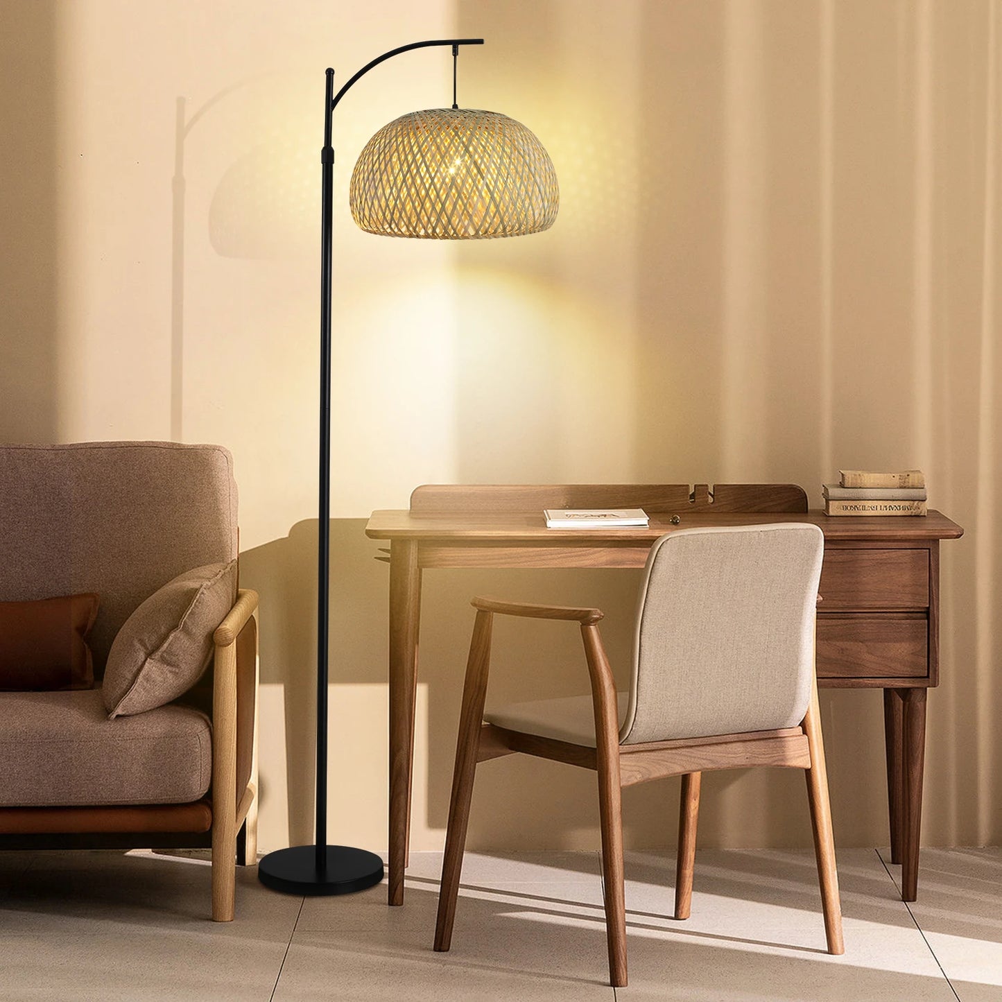 Floor Lamp With Big Size Bamboo Rattan Shade, Boho Farmhouse Rustic Floor Lamps For Living Room /Bedroom(Bulb Not Included)