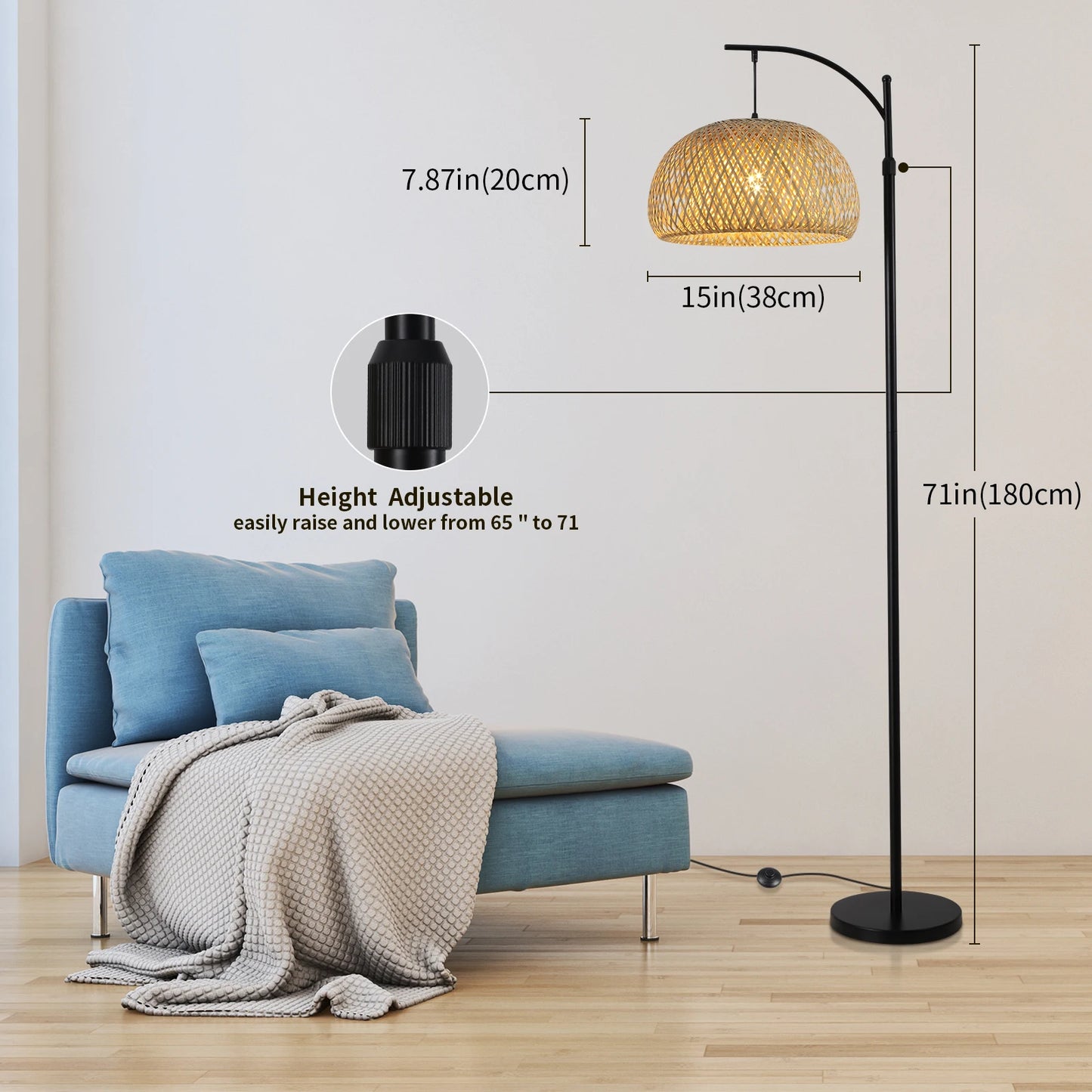Floor Lamp With Big Size Bamboo Rattan Shade, Boho Farmhouse Rustic Floor Lamps For Living Room /Bedroom(Bulb Not Included)