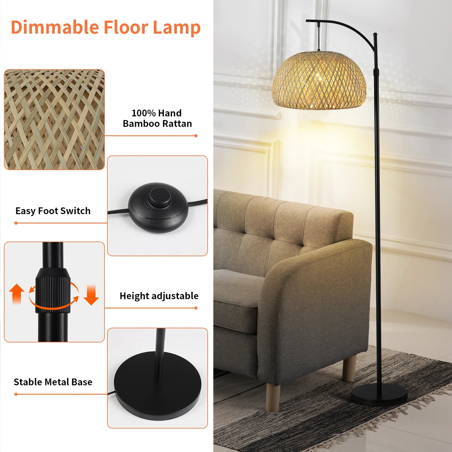 Floor Lamp With Big Size Bamboo Rattan Shade, Boho Farmhouse Rustic Floor Lamps For Living Room /Bedroom(Bulb Not Included)