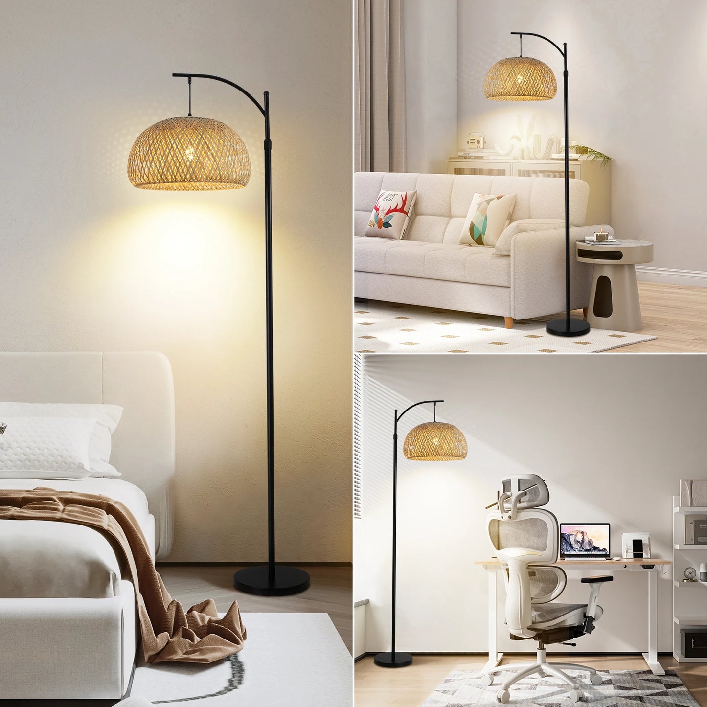 Floor Lamp With Big Size Bamboo Rattan Shade, Boho Farmhouse Rustic Floor Lamps For Living Room /Bedroom(Bulb Not Included)