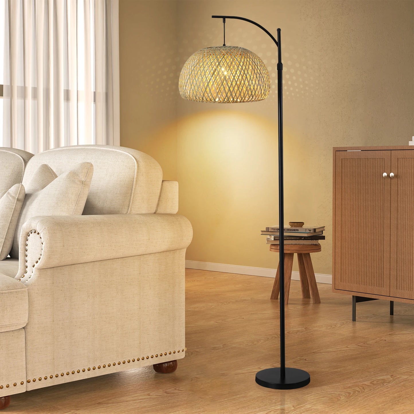 Floor Lamp With Big Size Bamboo Rattan Shade, Boho Farmhouse Rustic Floor Lamps For Living Room /Bedroom(Bulb Not Included)