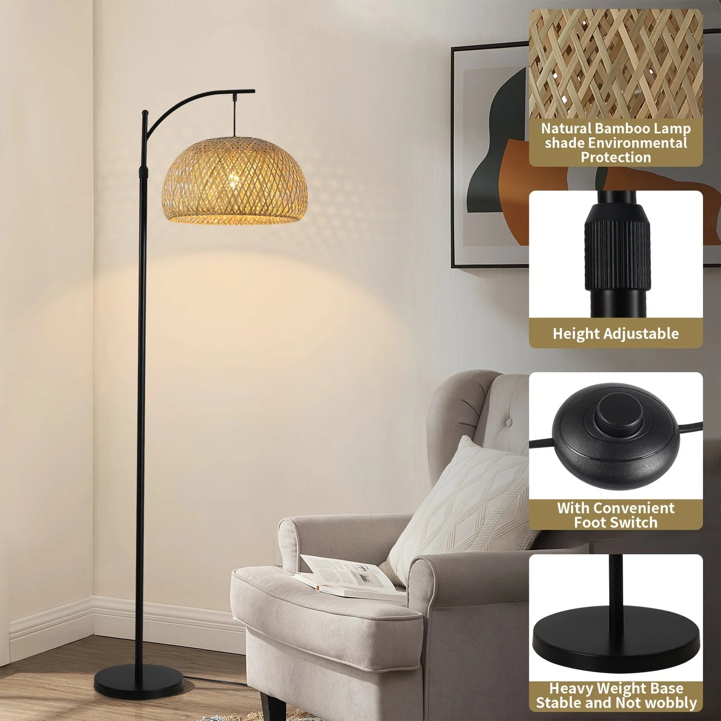 Floor Lamp With Big Size Bamboo Rattan Shade, Boho Farmhouse Rustic Floor Lamps For Living Room /Bedroom(Bulb Not Included)