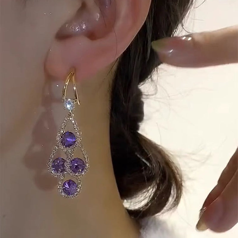 Elegant Purple Rhinestone Tassel Earrings - Luxury Water Drop Design, Alloy with 925 Silvery Posts for Women's Daily & Party Wear