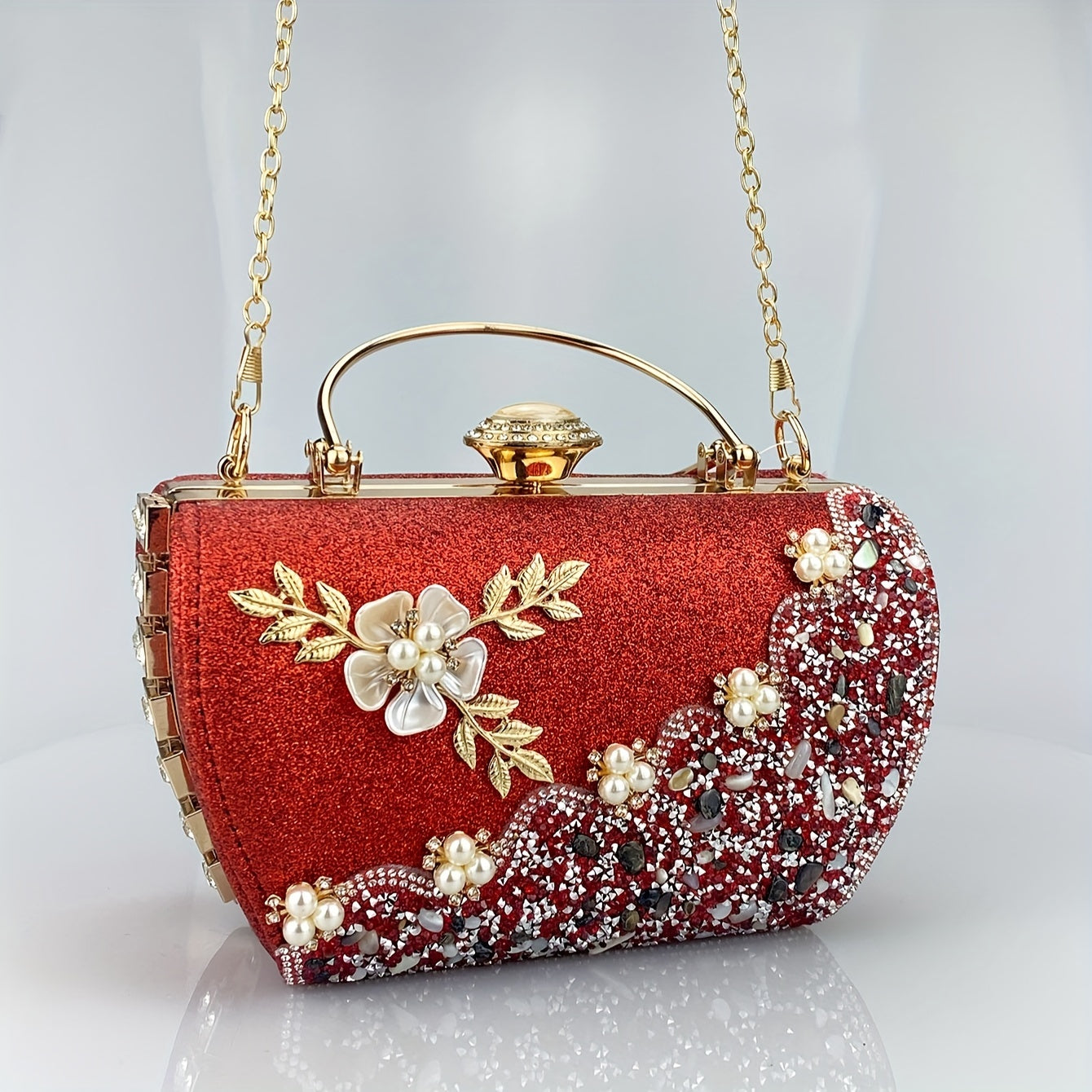 Glitter Rhinestone Evening Bag, Luxury Imitation Pearl Flower Decor Clutch Purse, Women's Dress Handbag For Wedding Party Prom Banquet