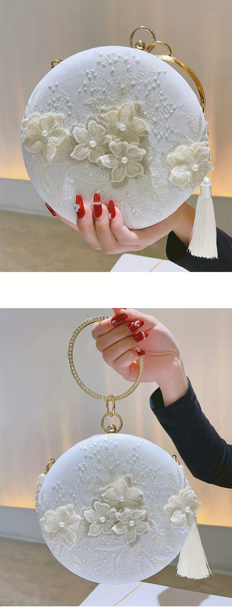 Floral Embroidery Round Evening Bag, Clutch Wedding Purse For Women, Party Banquet Flower Bag Hanfu Accessories