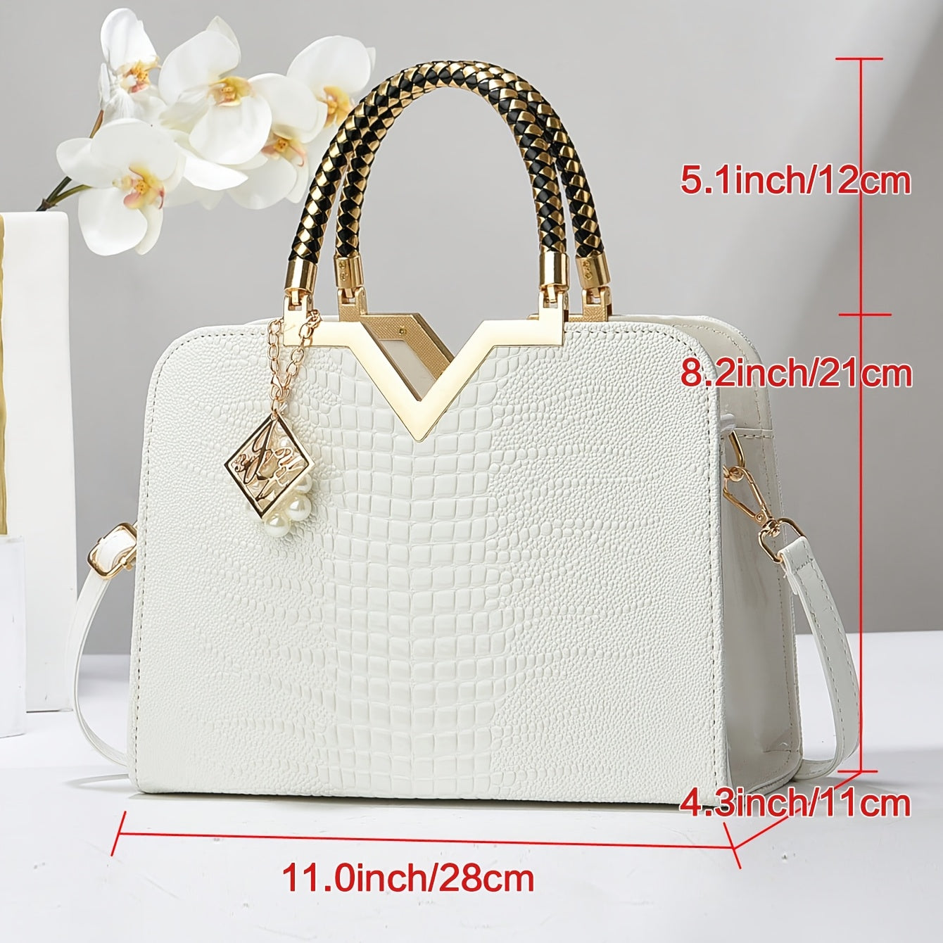 Fashion Crocodile Pattern Solid Color Large Capacity Tote Bag, White Women'S Handbag with Zipper Closure and Polyester Lining