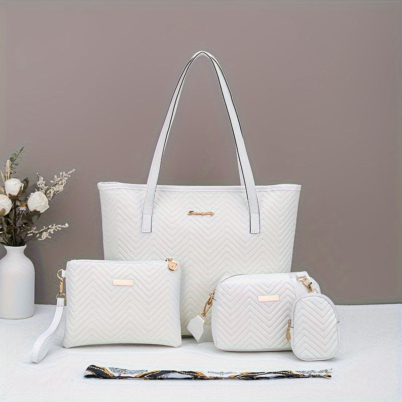 Flower-pressed Water Ripple Elegant Four-piece Set Tote Bag with Super Large Capacity Can Hold Tablet, Handbag, Crossbody Bag, Daily Commuting, Portable and Simple