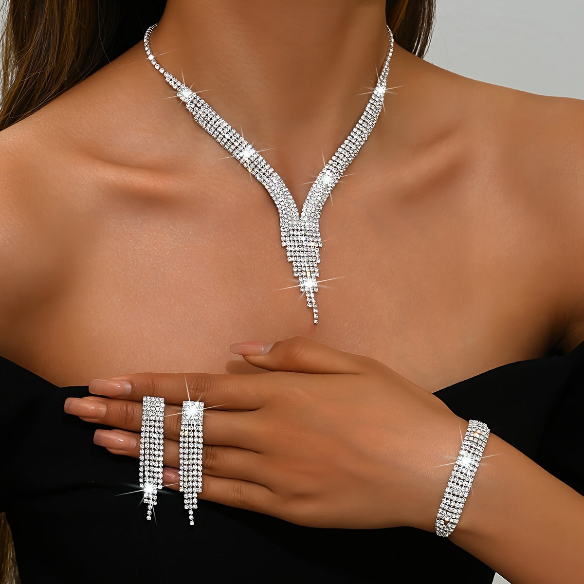 Elegant V-shaped Tassel Necklace, Silver Plated Copper Rhinestone Inlaid, Synthetic Stone, August Birthstone, Daily Party Occasion, Valentine'S Day Gift