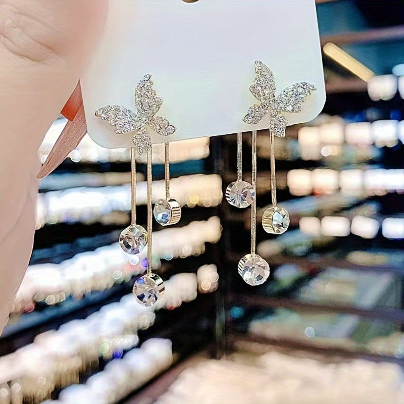 Elegant Butterfly Design Dangle Earrings with Sparkling Zirconia Accents - Golden-Tone Alloy, Perfect for Weddings & Everyday Glamour, Butterfly Earrings