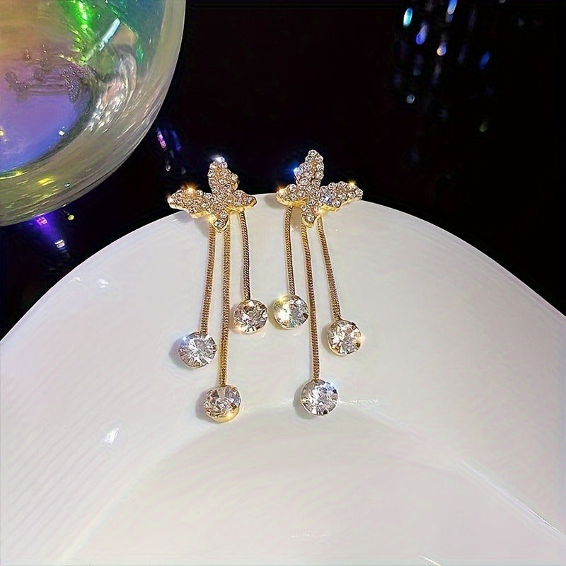 Elegant Butterfly Design Dangle Earrings with Sparkling Zirconia Accents - Golden-Tone Alloy, Perfect for Weddings & Everyday Glamour, Butterfly Earrings