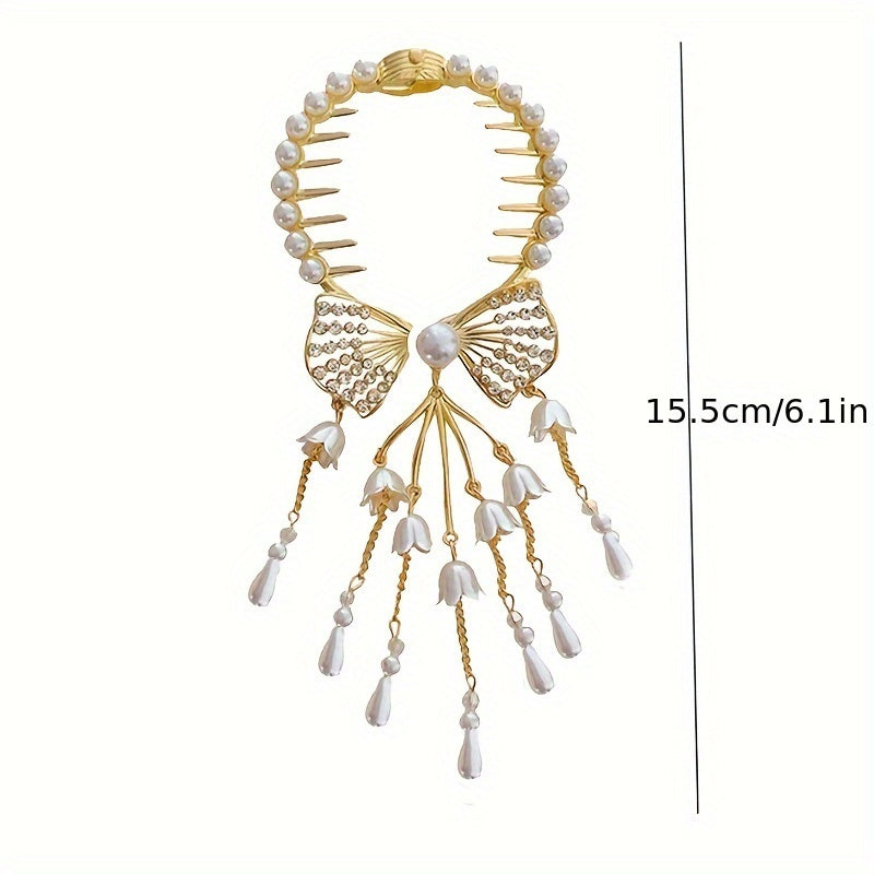 New High-end Bun Head Girl Retro Rhinestone Imitation Pearl Lily Of The Valley Back Hairpin