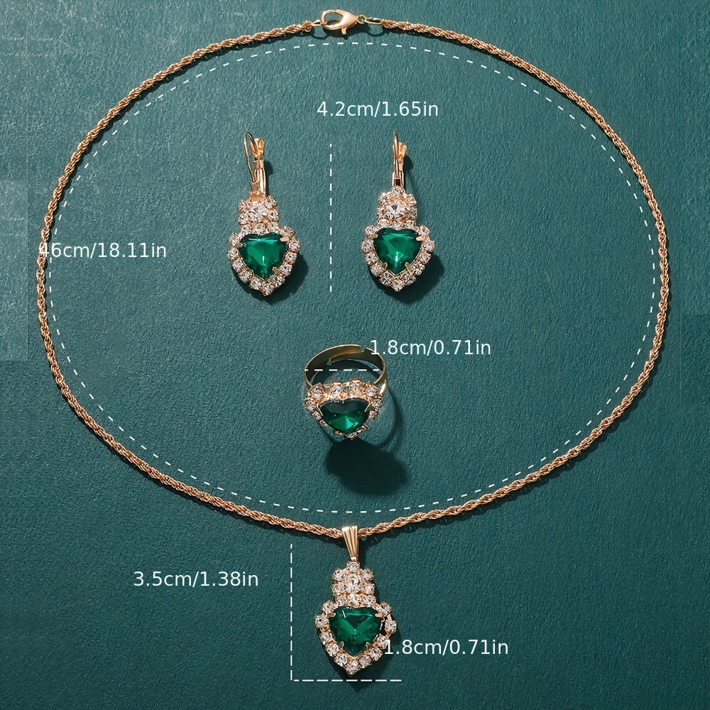 Elegant Jewelry Set for Women, Includes 1 Necklace, 1 Pair of Earrings & 1 Ring, Green & Rhinestone Inlay, Perfect for Daily Party Wear, Chic Gift Idea