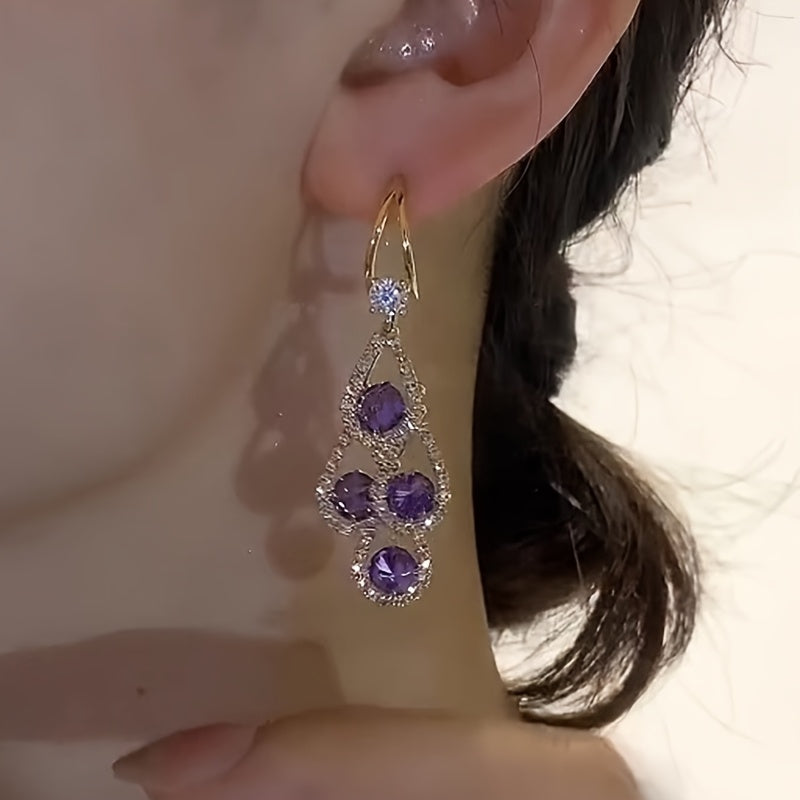 Elegant Purple Rhinestone Tassel Earrings - Luxury Water Drop Design, Alloy with 925 Silvery Posts for Women's Daily & Party Wear