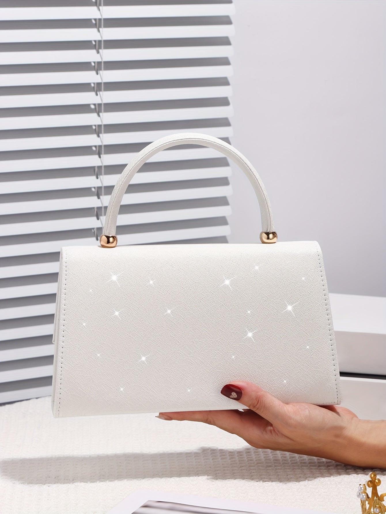 Elegant White Evening Clutch with Sequin Embellishment, Large Capacity Tote with V-Shaped Metal Detail, Anti-Theft Buckle Closure, Nylon Lined, Polyester Material, Urban Style for Weddings, Parties, Birthdays, Valentine'S Day