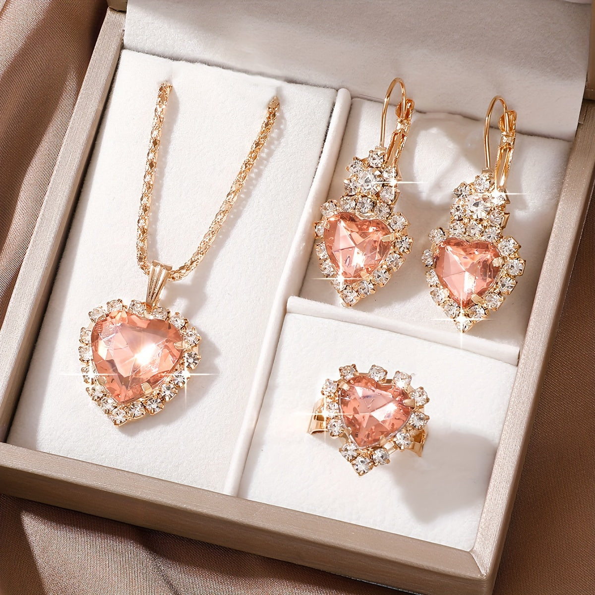 Elegant Jewelry Set for Women, Includes 1 Necklace, 1 Pair of Earrings & 1 Ring, Green & Rhinestone Inlay, Perfect for Daily Party Wear, Chic Gift Idea