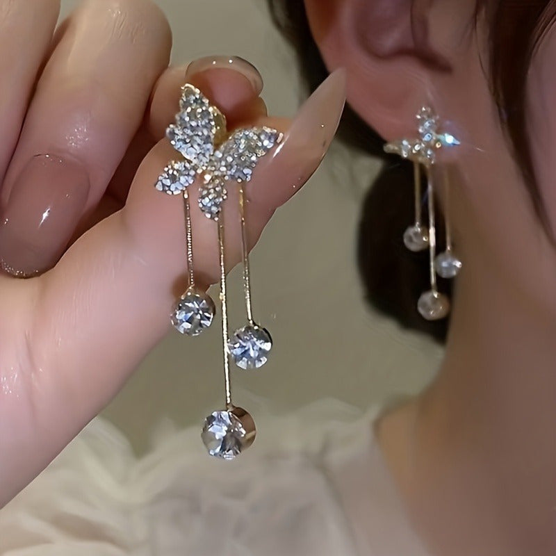 Elegant Butterfly Design Dangle Earrings with Sparkling Zirconia Accents - Golden-Tone Alloy, Perfect for Weddings & Everyday Glamour, Butterfly Earrings