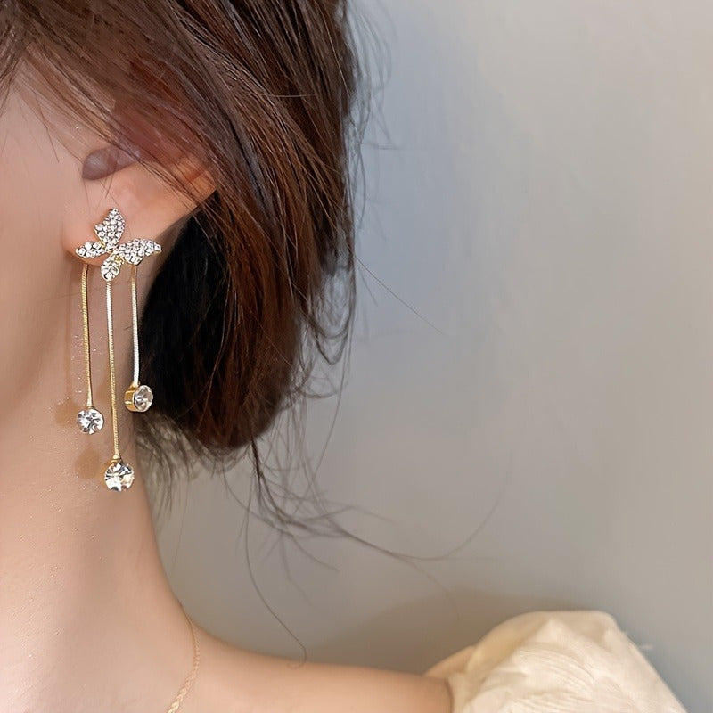 Elegant Butterfly Design Dangle Earrings with Sparkling Zirconia Accents - Golden-Tone Alloy, Perfect for Weddings & Everyday Glamour, Butterfly Earrings