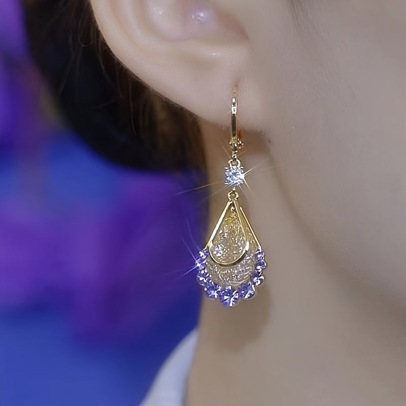 New Golden Wire Mesh Artificial Crystal Droplet Shaped Pendant Earrings, Adorned with Rhinestone, Women'S Fashionable And Elegant Super Shiny Earrings, Perfect Jewelry Accessories And Gifts