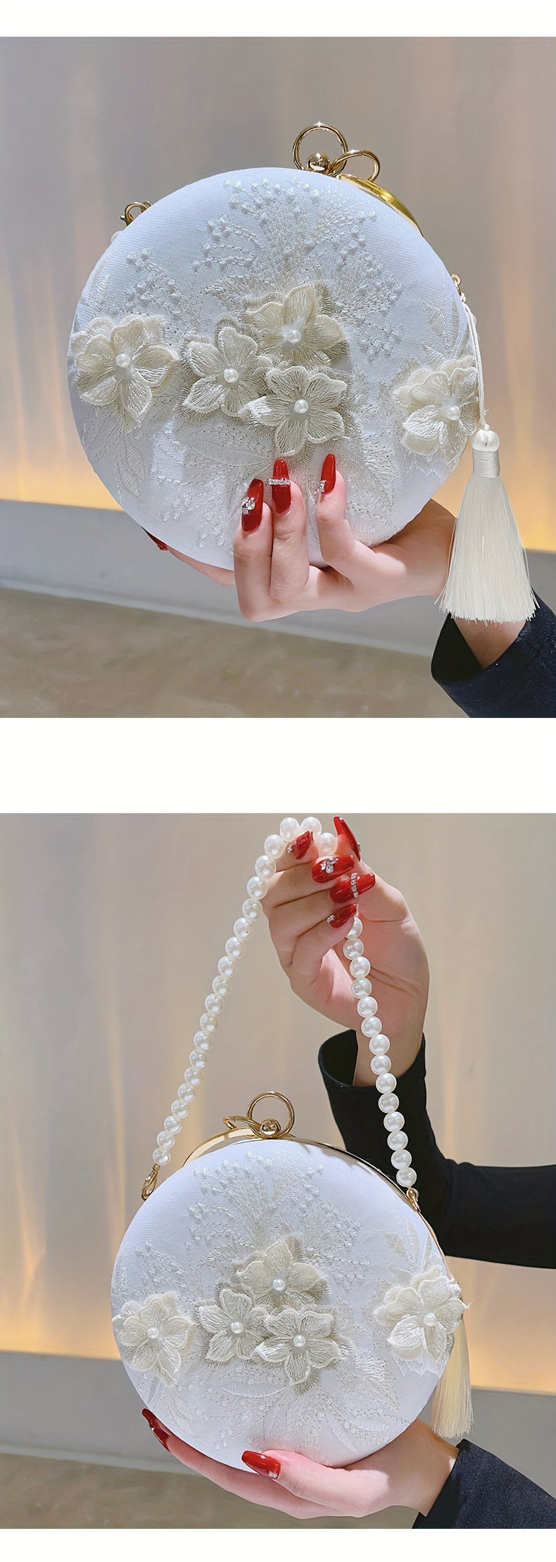 Floral Embroidery Round Evening Bag, Clutch Wedding Purse For Women, Party Banquet Flower Bag Hanfu Accessories