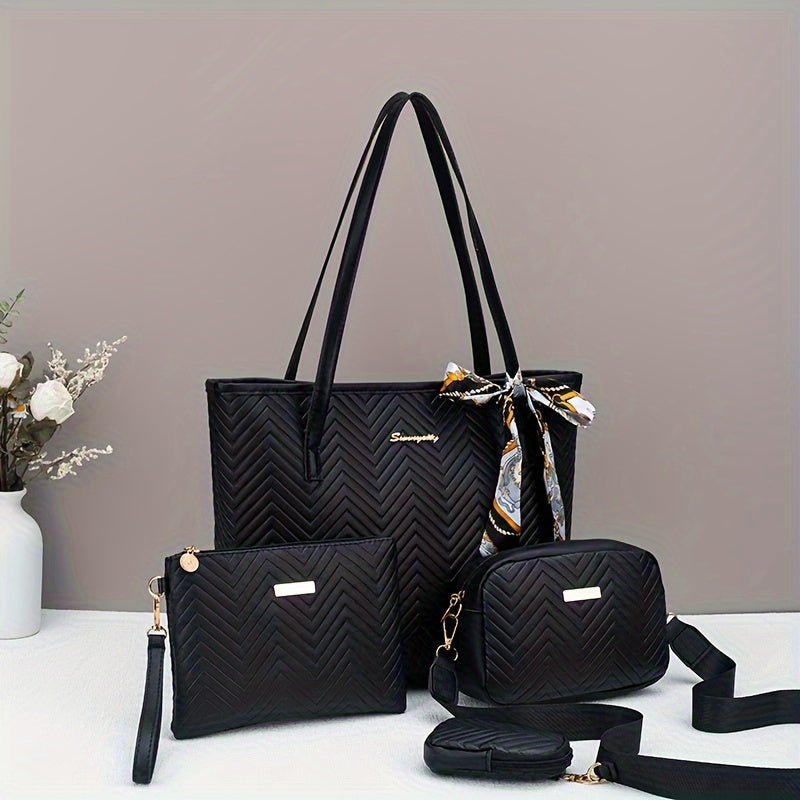 Flower-pressed Water Ripple Elegant Four-piece Set Tote Bag with Super Large Capacity Can Hold Tablet, Handbag, Crossbody Bag, Daily Commuting, Portable and Simple