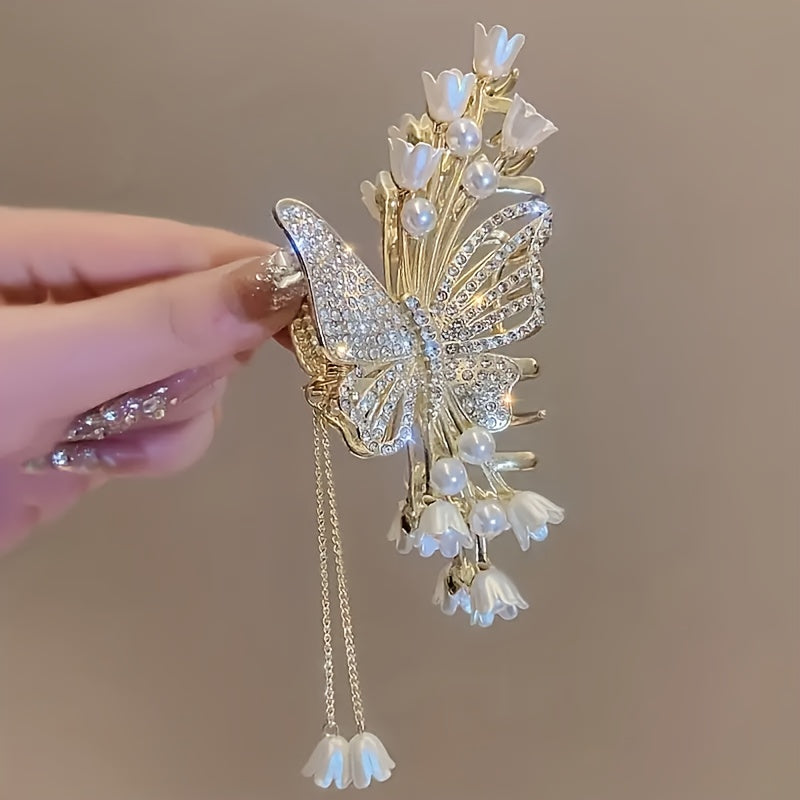 Elegant Butterfly Rhinestone Pearl Tassel Hair Clip – Large Zinc Alloy Fairy Accessory with Sparkling Crystals and Pearls, Perfect for Updos and Special Occasions, Butterfly Decorations