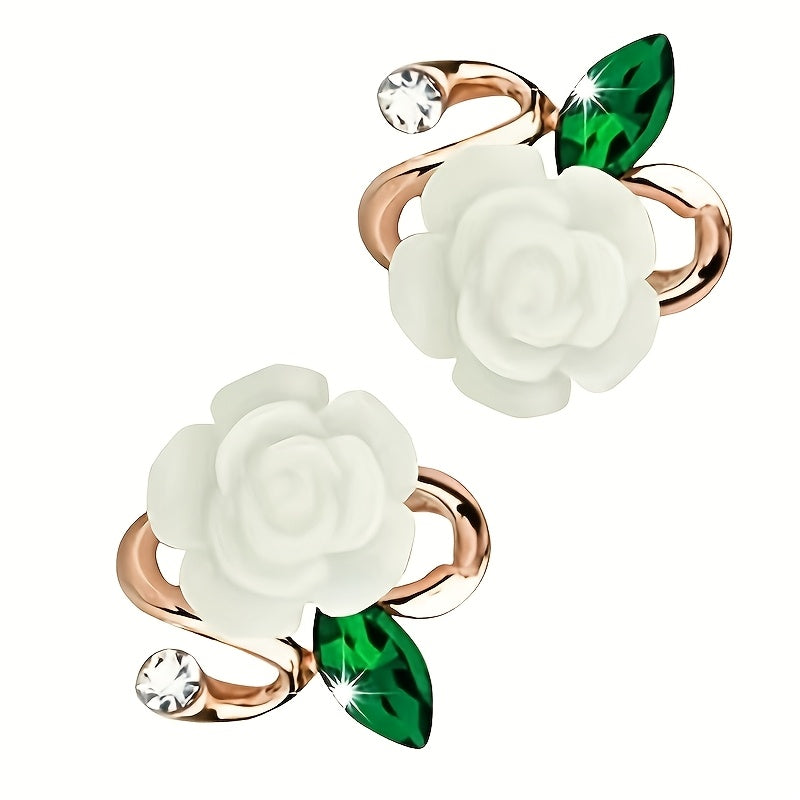 Elegant Rose Flower Stud Earrings with Sparkling Rhinestones - Chic Alloy & Resin Design for Women, Perfect for Daily Wear or Gifting