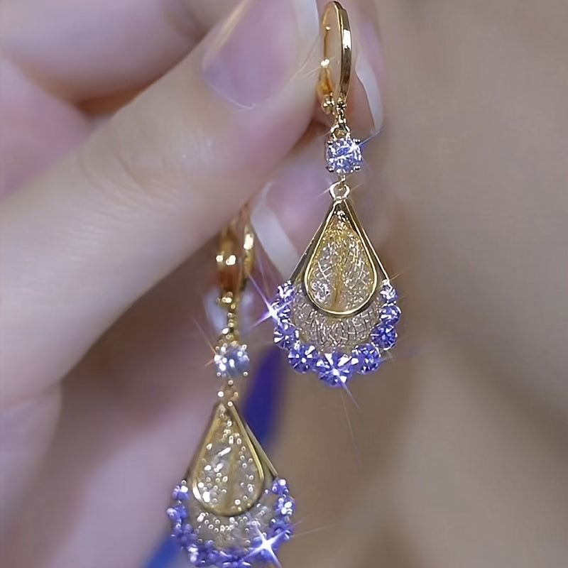 New Golden Wire Mesh Artificial Crystal Droplet Shaped Pendant Earrings, Adorned with Rhinestone, Women'S Fashionable And Elegant Super Shiny Earrings, Perfect Jewelry Accessories And Gifts