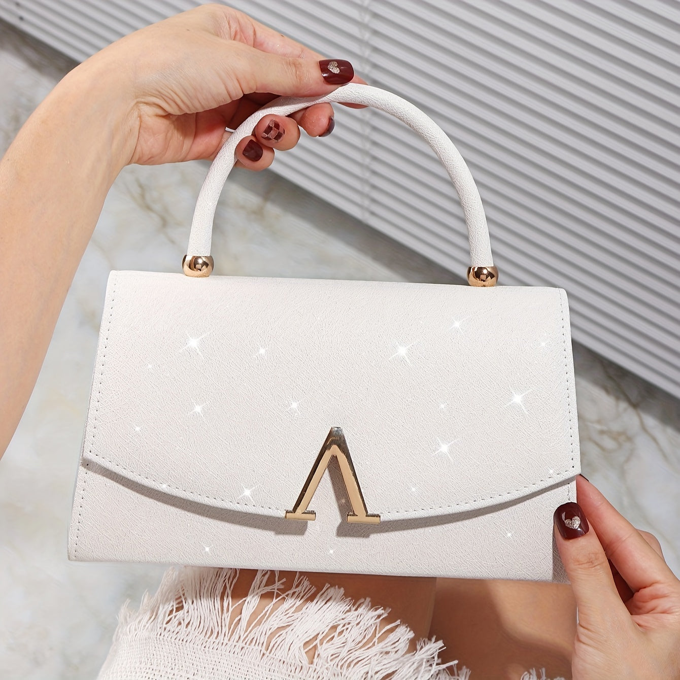 Elegant White Evening Clutch with Sequin Embellishment, Large Capacity Tote with V-Shaped Metal Detail, Anti-Theft Buckle Closure, Nylon Lined, Polyester Material, Urban Style for Weddings, Parties, Birthdays, Valentine'S Day