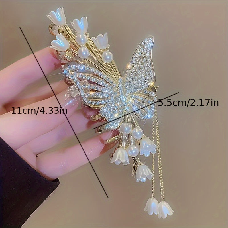 Elegant Butterfly Rhinestone Pearl Tassel Hair Clip – Large Zinc Alloy Fairy Accessory with Sparkling Crystals and Pearls, Perfect for Updos and Special Occasions, Butterfly Decorations