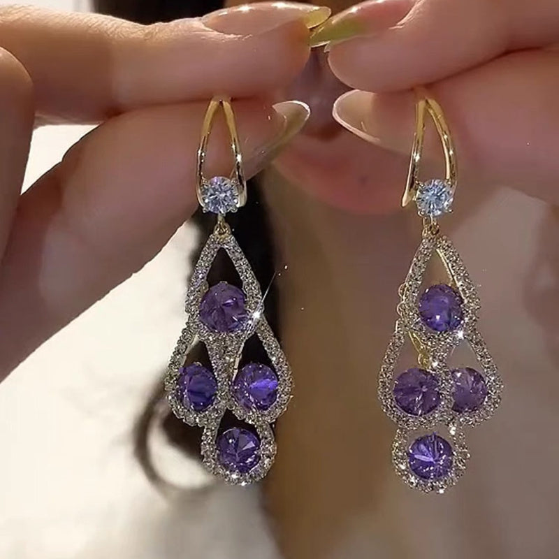 Elegant Purple Rhinestone Tassel Earrings - Luxury Water Drop Design, Alloy with 925 Silvery Posts for Women's Daily & Party Wear