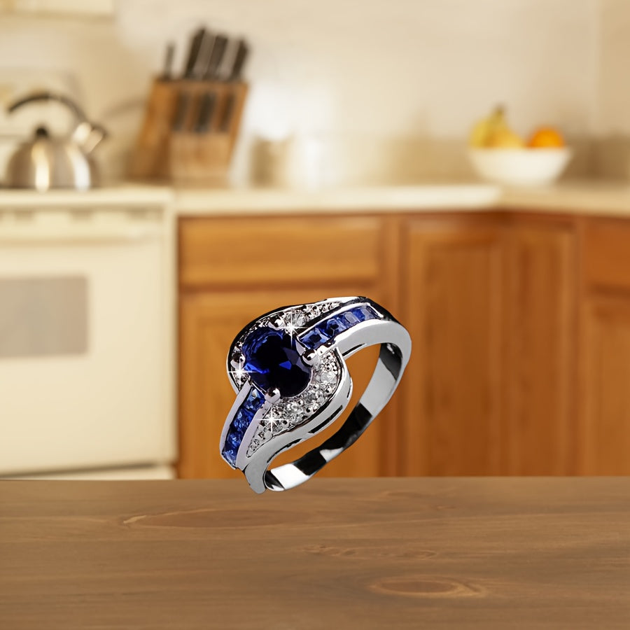 Elegant Blue Zirconia Ring - Chic & Simple Alloy Band with Sparkling Rhinestones, Perfect for Casual Attire or Gifting