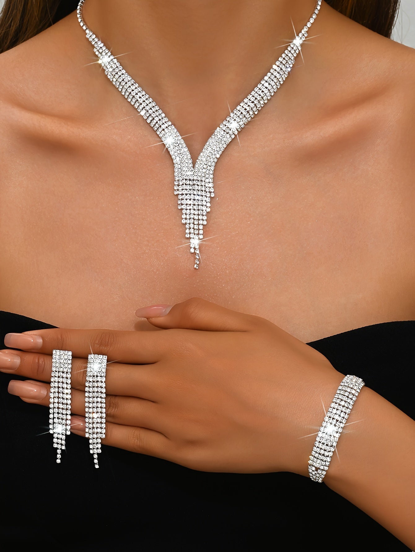 Elegant V-shaped Tassel Necklace, Silver Plated Copper Rhinestone Inlaid, Synthetic Stone, August Birthstone, Daily Party Occasion, Valentine'S Day Gift