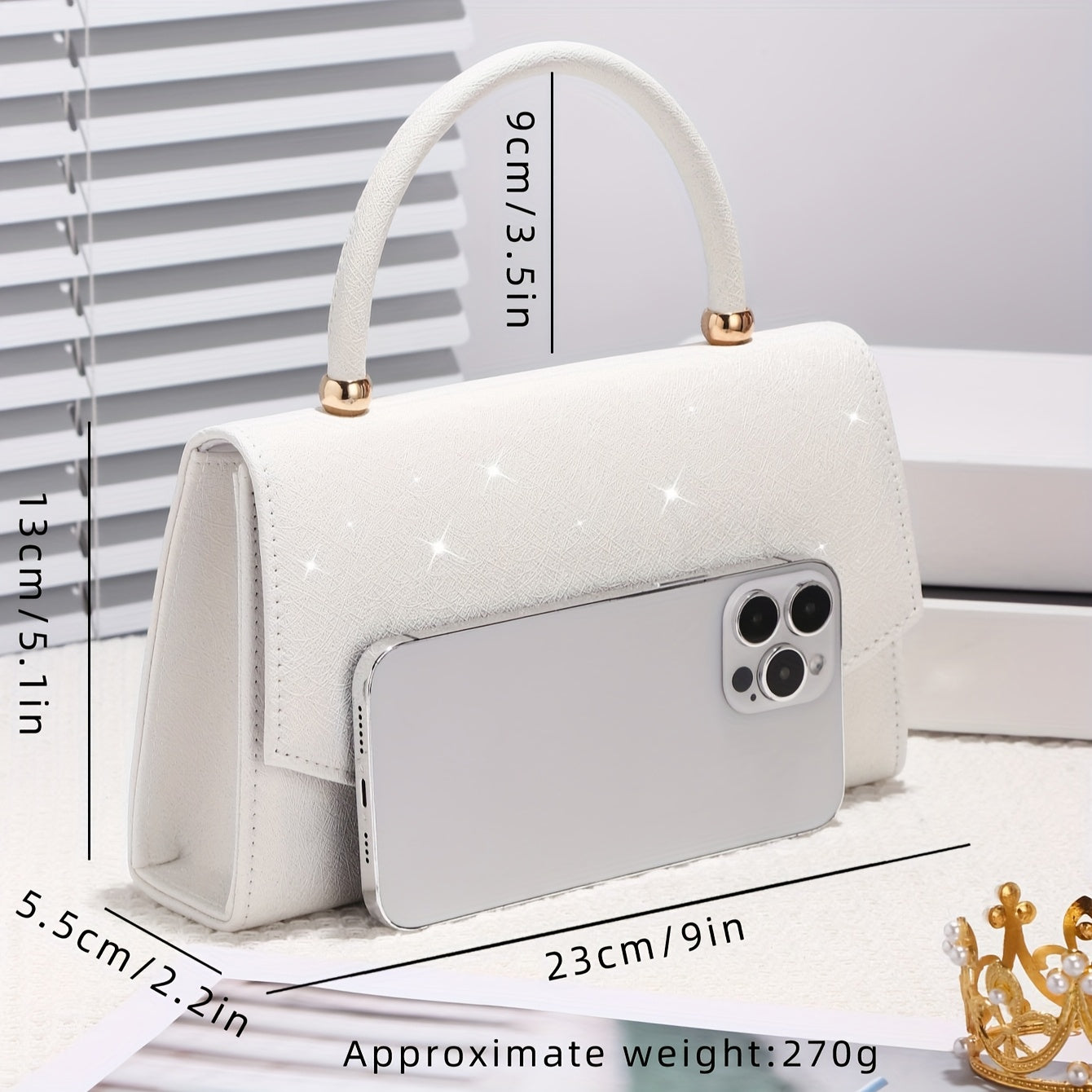 Elegant White Evening Clutch with Sequin Embellishment, Large Capacity Tote with V-Shaped Metal Detail, Anti-Theft Buckle Closure, Nylon Lined, Polyester Material, Urban Style for Weddings, Parties, Birthdays, Valentine'S Day