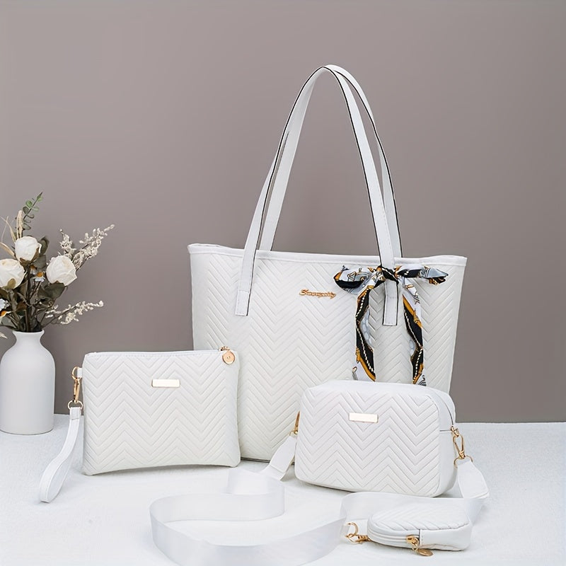 Flower-pressed Water Ripple Elegant Four-piece Set Tote Bag with Super Large Capacity Can Hold Tablet, Handbag, Crossbody Bag, Daily Commuting, Portable and Simple